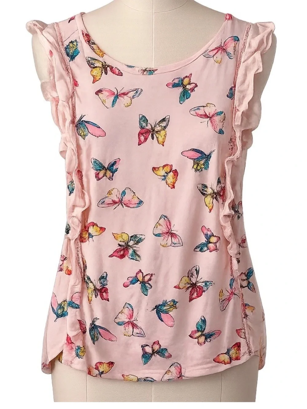 GAP Pink Ruffle Sleeve Tank with Multicolor Butterfly Print 100% Cotton Whimsy